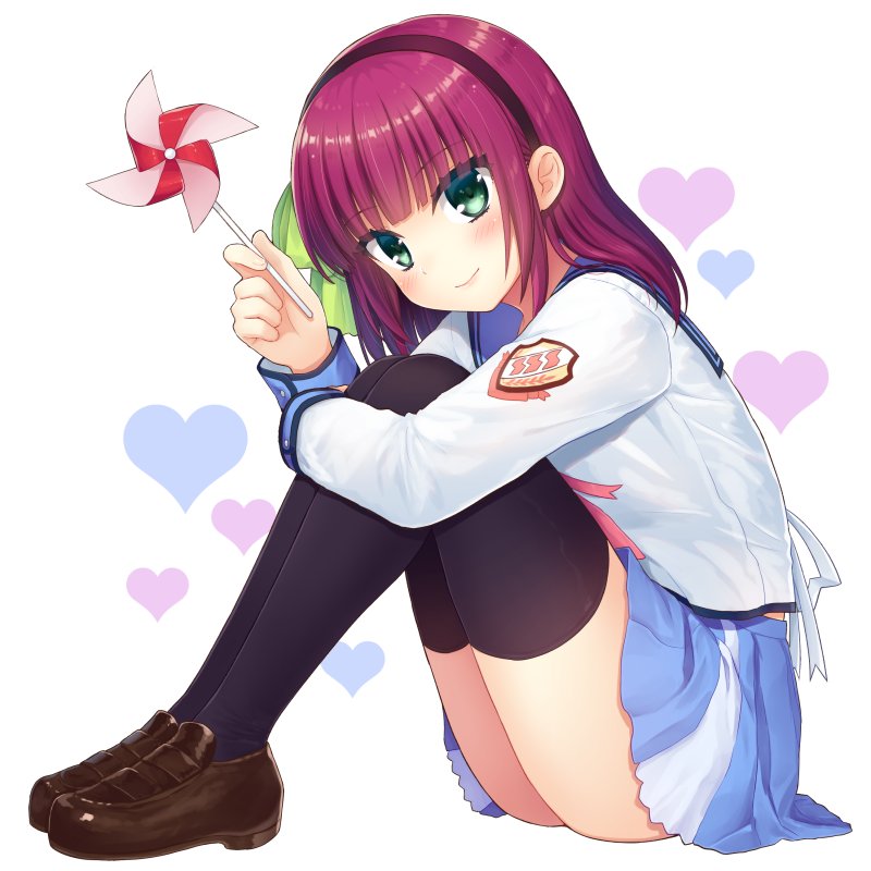 1girl angel_beats! black_legwear blue_skirt bow brown_footwear commentary_request full_body green_eyes hair_bow hairband heart heart_background loafers looking_at_viewer medium_hair nakamura_hinato pinwheel pleated_skirt purple_hair school_uniform serafuku shoes skirt smile solo white_background yuri_(angel_beats!)