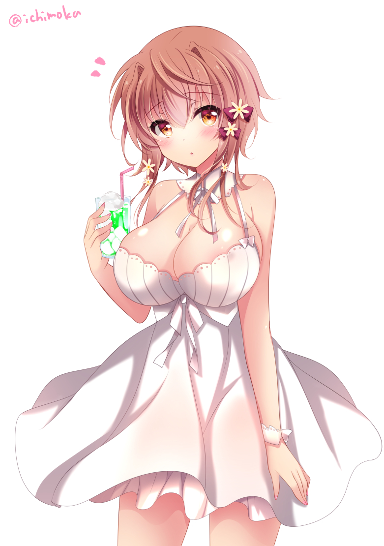 1girl :o bangs bare_arms bare_shoulders bendy_straw bow breasts brown_eyes brown_hair cleavage cowboy_shot cup dress drink drinking_glass drinking_straw eyebrows_visible_through_hair fingernails food hair_between_eyes hair_bow heart holding holding_cup ice_cream ice_cream_float ichiyou_moka large_breasts long_hair nail_polish original parted_lips pink_nails red_bow simple_background sleeveless sleeveless_dress solo standing twitter_username white_background white_dress