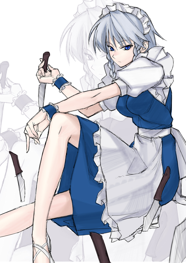 1girl apron blue_dress blue_eyes braid breasts closed_mouth commentary_request dress eyebrows_visible_through_hair from_side grey_hair holding holding_knife invisible_chair izayoi_sakuya knife large_breasts looking_at_viewer looking_to_the_side maid_apron maid_headdress short_hair sitting solo tetsu_(kimuchi) touhou waist_apron white_apron wristband zoom_layer