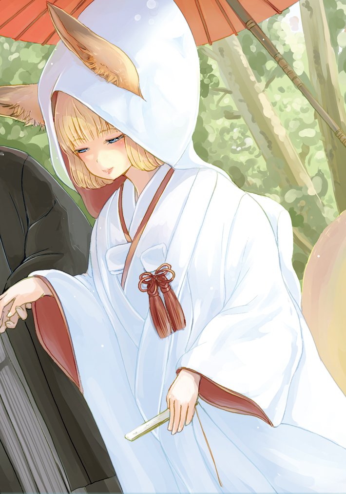 1girl animal_ears bangs batta_(kanzume_quality) blonde_hair blue_eyes blunt_bangs closed_mouth commentary_request dutch_angle ears_through_headwear eyebrows_visible_through_hair fan folding_fan forest fox_ears fox_tail half-closed_eyes holding holding_fan long_sleeves nature oriental_umbrella original outdoors red_umbrella smile solo_focus standing tail tassel tree umbrella veil wide_sleeves