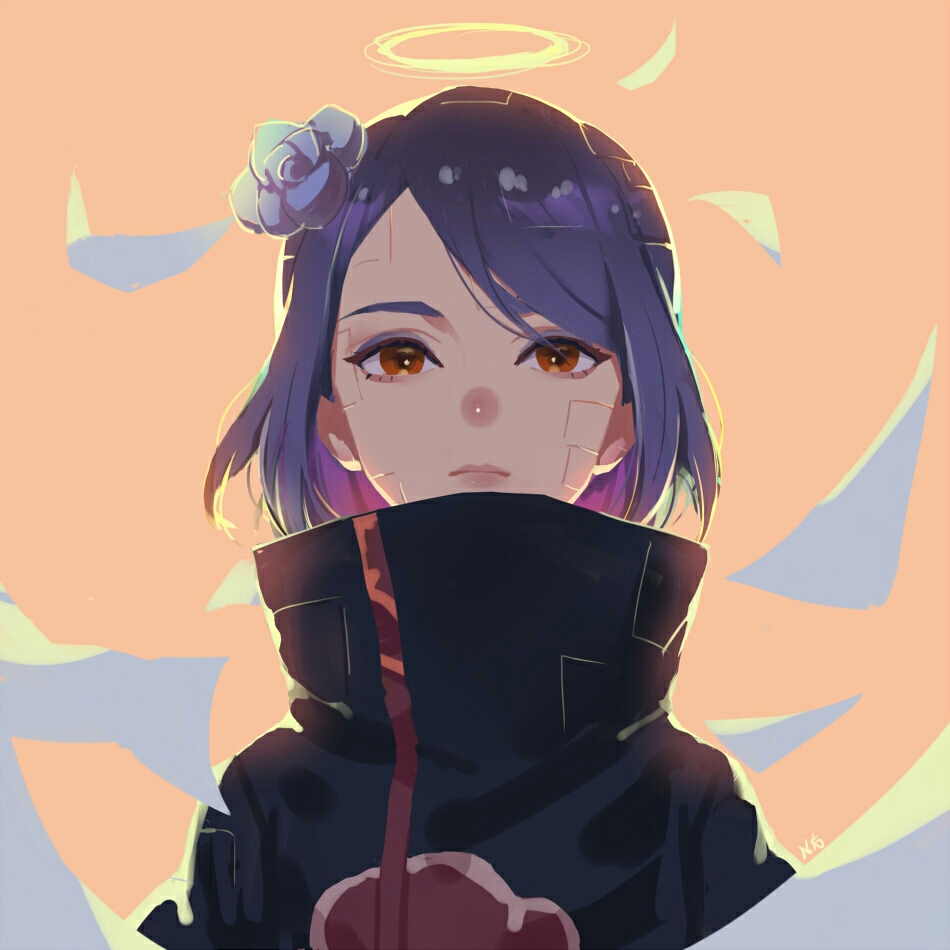 1girl akatsuki_(naruto) akatsuki_uniform artist_name bangs black_robe blue_flower blue_hair blue_rose cloak closed_mouth commentary english_commentary eyebrows eyeshadow flower hair_flower hair_ornament halo konan makeup naruto naruto_(series) naruto_shippuuden nho_(316784766) paper red_eyes robe rose short_hair sidelocks simple_background solo upper_body