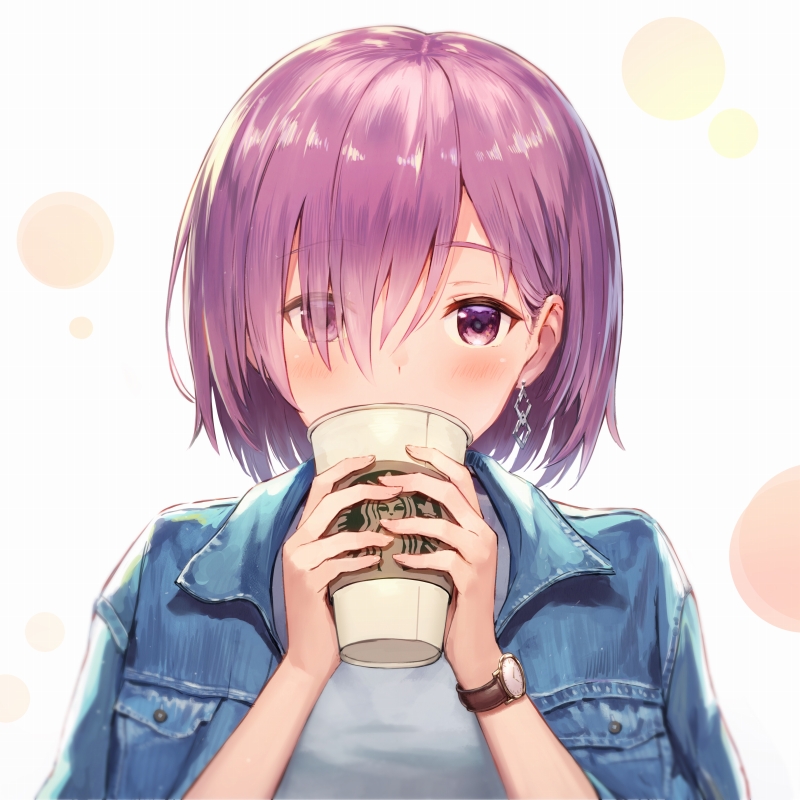 1girl blush cup drinking earrings eyebrows_visible_through_hair eyes_visible_through_hair fate/grand_order fate_(series) hair_over_one_eye haru_(hiyori-kohal) jewelry looking_at_viewer mash_kyrielight pink_eyes pink_hair short_hair solo starbucks upper_body watch white_background