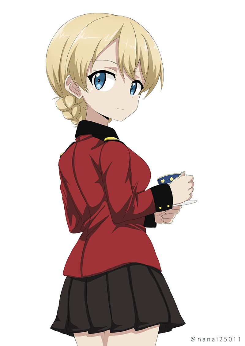 1girl bangs black_skirt blonde_hair blue_eyes closed_mouth commentary cup darjeeling epaulettes eyebrows_visible_through_hair from_side girls_und_panzer holding holding_cup jacket long_sleeves looking_at_viewer military military_uniform miniskirt pleated_skirt red_jacket saucer shibagami short_hair simple_background skirt smile solo st._gloriana's_military_uniform standing teacup tied_hair uniform white_background