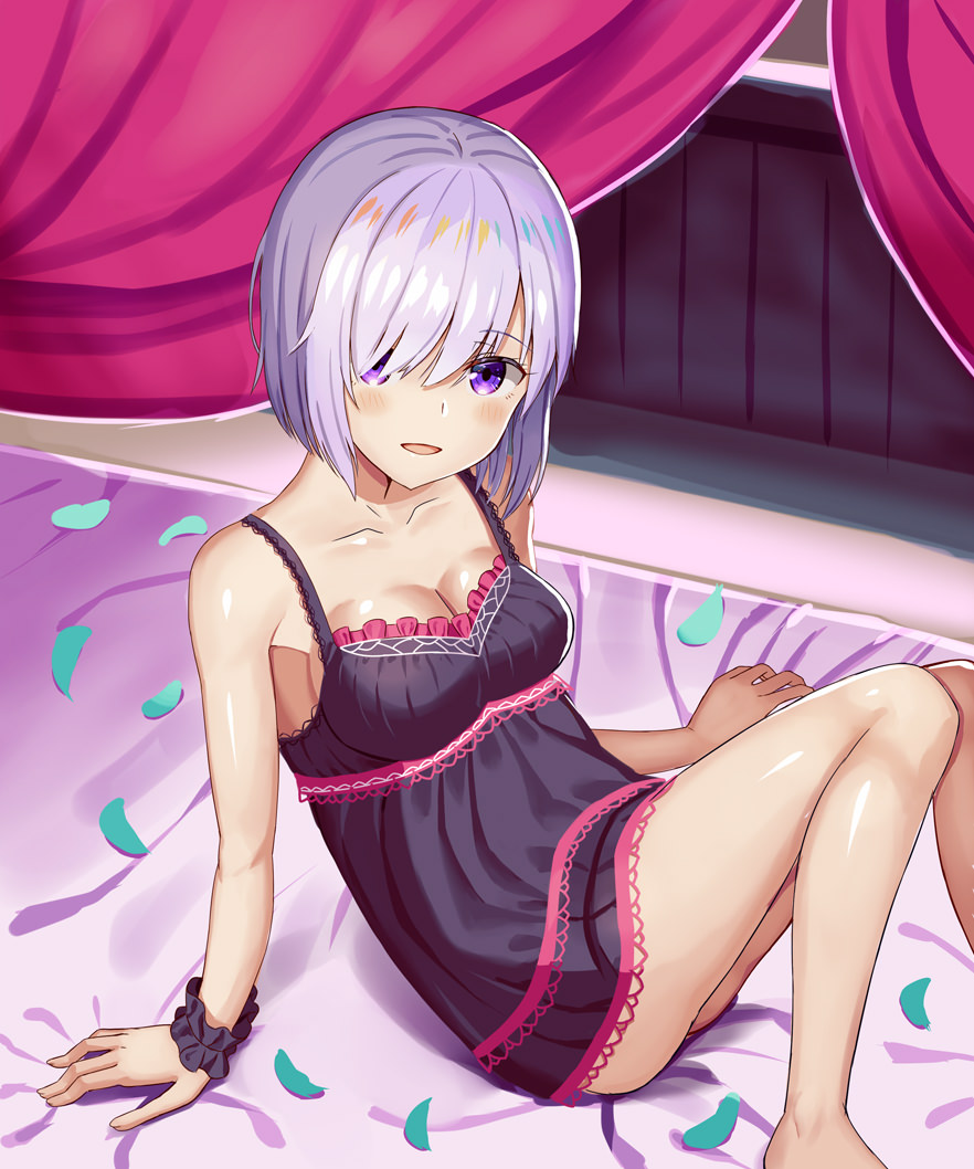 1girl :d arm_support barefoot bed_sheet black_dress blush breasts cleavage dress eyebrows_visible_through_hair fate/grand_order fate_(series) hair_between_eyes hair_over_one_eye indoors looking_at_viewer mash_kyrielight medium_breasts open_mouth petals shiny shiny_hair shiny_skin short_dress short_hair sideboob silver_hair sitting sleeveless sleeveless_dress smile solo violet_eyes wgdnmbdflrykqoq wrist_cuffs