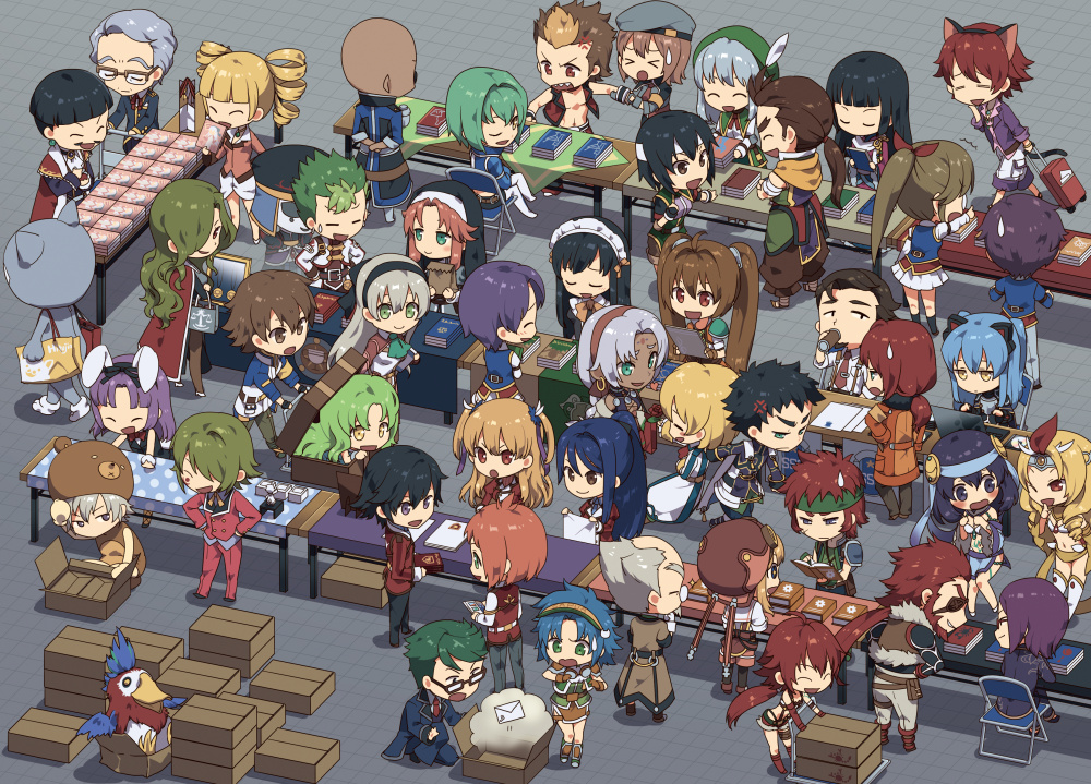 &gt;o&lt; 6+boys 6+girls abbas_(eiyuu_densetsu) aeolia_(eiyuu_densetsu) agate_crosner ahoge albert_russell alex_dudley alisa_reinford alternate_costume anger_vein animal_costume animal_ears ao_no_kiseki aqua_hair arms_behind_back bag bald bandanna bangs bear_costume bird black_hair blazer blonde_hair blue_eyes blue_hair blush_stickers book boots bow bowtie box brown_eyes brown_hair bunny_tail bunnysuit campanella_(eiyuu_densetsu) cape cat_ears cat_tail chair chibi closed_eyes coat collared_shirt convention crossdressinging dress drill_hair dunan_von_auslese earrings ein_selnate eiyuu_densetsu elie_macdowell eliot_craig enmaided envelope estelle_bright everyone eyepatch feathers forehead_jewel fur_trim glasses goggles goggles_on_headwear green_eyes green_hair grey_eyes habit hair_feathers hairband hands_on_hips hans_(sora_no_kiseki) hat headband hoop_earrings ilya_platiere in_container jacket jewelry jill_liedner josette_capua joshua_astray kea_(eiyuu_densetsu) kevin_graham kirika_rouran klose_rinz laura_s._arzeid lechter_arundel leonhardt_(eiyuu_densetsu) lloyd_bannings long_hair looking_at_another lord_of_phantasma lynn_(eiyuu_densetsu) maid maid_headdress mariabell_crois military military_uniform miniskirt mishy muller_vander multiple_boys multiple_girls neck_ribbon necktie noel_seeker nun olivier_lenheim one_eye_closed ootori_(hitsuji_nohara) open_mouth orange_hair pants paper_bag parted_bangs phillip_runall pointing ponytail purple_hair rabbit_ears randy_orlando rean_schwartzer red_eyes redhead renne ribbon ries_argent rixia_mao rufina_argent scherazard_harvey school_uniform sen_no_kiseki sergei_lou sharp_teeth shirley_orlando shirt shoes short_hair shoulder_armor shoulder_bag sigmund_orlando silver_hair sitting skirt smile sora_no_kiseki sparkle spiky_hair squatting standing suitcase sweatdrop table tail teeth tiara tio_plato tita_russell twin_drills twintails uniform vest violet_eyes visor_cap wald_valles wazy_hemisphere yellow_eyes zero_no_kiseki zin_vathek