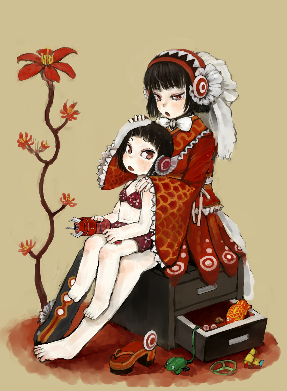 2girls barefoot bikini black_hair borrowed_character brown_eyes brown_hair cabinet child commentary_request dress ebimomo energy_gun flower frog grey_background hairband high_heels highres holding long_sleeves multiple_girls original parted_lips ray_gun red_bikini red_dress red_eyes red_flower red_footwear short_sleeves simple_background sitting sitting_on_lap sitting_on_person swimsuit weapon