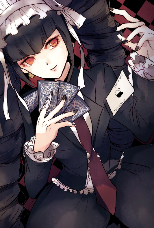 1girl bangs black_hair black_jacket black_nails black_skirt blunt_bangs card celestia_ludenberck checkered checkered_background dangan_ronpa dangan_ronpa_1 drill_hair earrings hairband holding holding_card jacket jewelry lolita_hairband long_hair nail_polish necktie red_eyes red_neckwear skirt solo twin_drills twintails very_long_hair white_hairband z-epto_(chat-noir86)