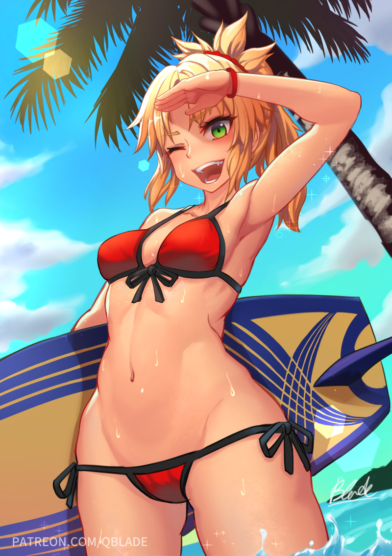 1girl ;d armpits bikini blonde_hair blue_sky breasts clouds day fate/grand_order fate_(series) green_eyes looking_at_viewer medium_breasts mordred_(fate)_(all) mordred_(swimsuit_rider)_(fate) navel ocean one_eye_closed open_mouth outdoors palm_tree partially_submerged patreon_username ponytail qblade red_bikini short_hair side-tie_bikini signature sky smile solo standing swimsuit teeth tree water wet