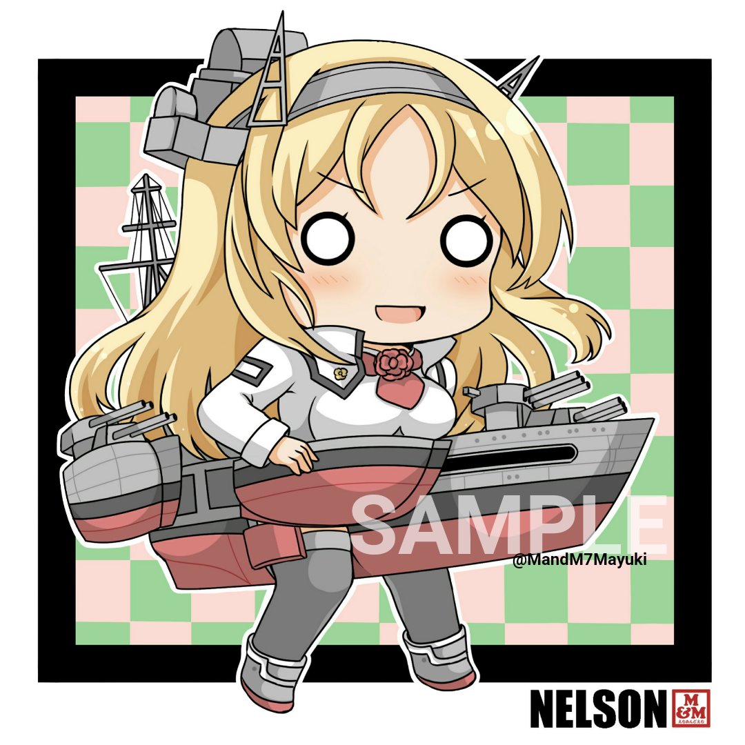 1girl blonde_hair character_name checkered checkered_background commentary_request flower full_body grey_legwear headgear kantai_collection long_hair machinery mayuki_(nami1120) military military_uniform nelson_(kantai_collection) o_o red_flower red_rose rose sample solo standing thigh-highs turret twitter_username uniform