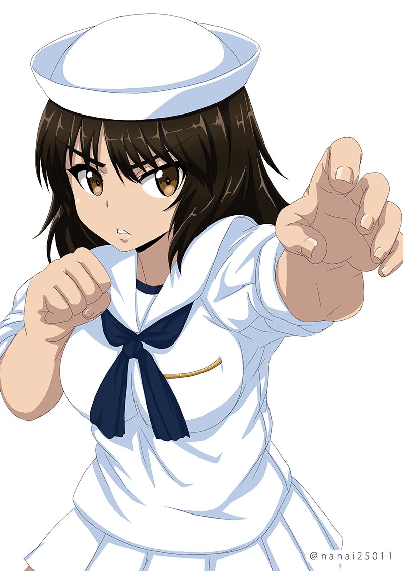 1girl bangs black_eyes black_hair blouse clenched_hand commentary dixie_cup_hat eyebrows_visible_through_hair fighting_stance foreshortening frown girls_und_panzer hat long_hair long_sleeves looking_at_viewer military_hat miniskirt murakami_(girls_und_panzer) navy_blue_neckwear neckerchief ooarai_naval_school_uniform parted_lips pleated_skirt reaching_out sailor sailor_collar school_uniform shibagami simple_background skirt sleeves_rolled_up solo standing twitter_username upper_body v-shaped_eyebrows white_background white_blouse white_hat white_skirt