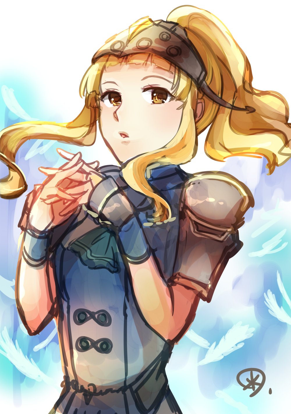 1girl blonde_hair brown_eyes clair_(fire_emblem) feathers fire_emblem fire_emblem_echoes:_mou_hitori_no_eiyuuou helmet highres interlocked_fingers long_hair nintendo parted_lips ponytail shoulder_armor solo yukimiyuki