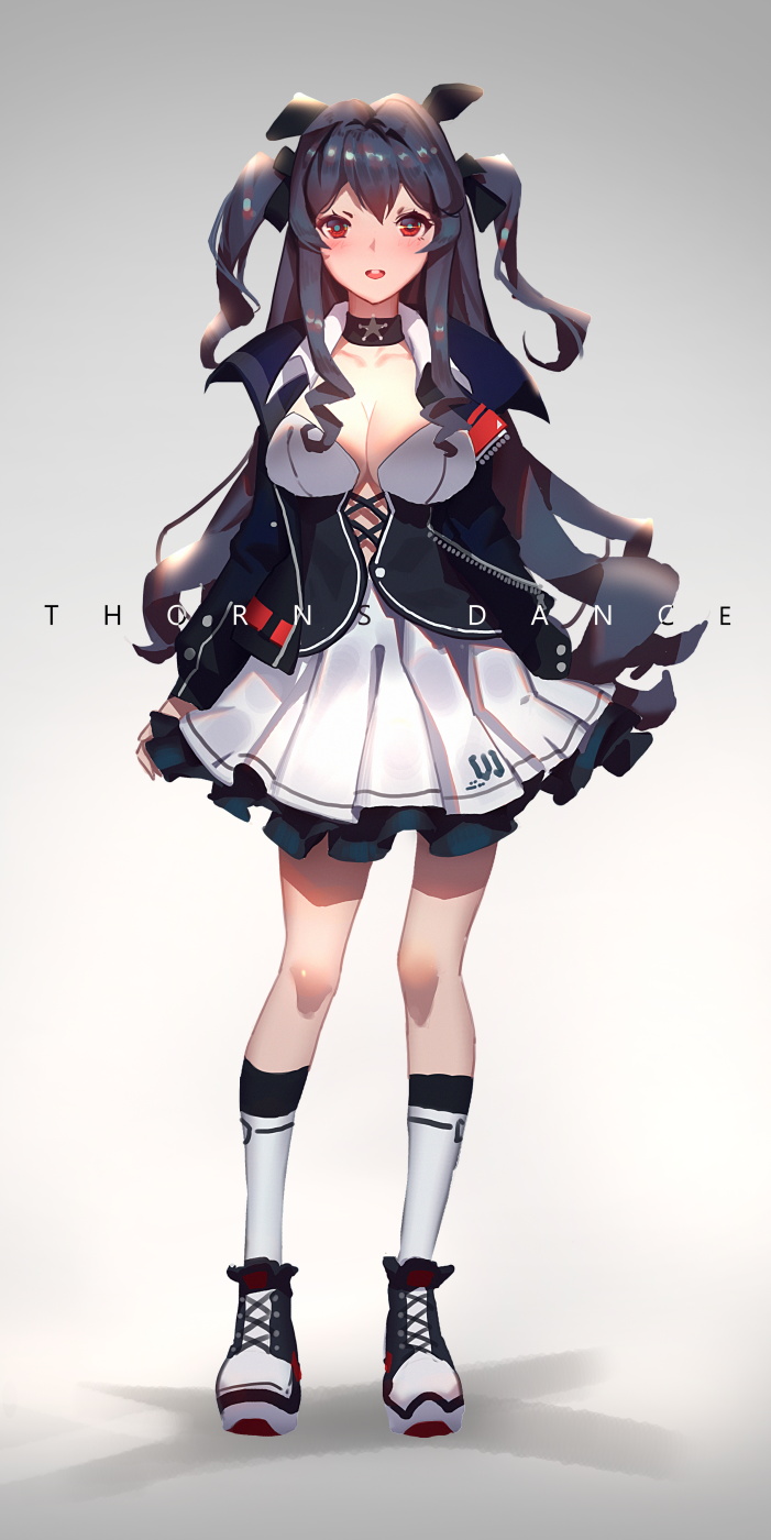 1girl black_hair blush breasts choker cleavage frilled_skirt frills full_body gradient gradient_background hair_ribbon highres ibara_dance large_breasts long_hair looking_at_viewer original red_eyes ribbon shoes skirt socks solo standing two_side_up white_legwear