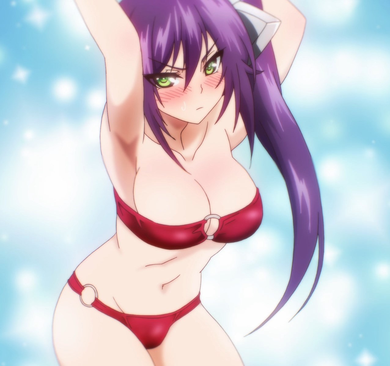 1girl ameno_sagiri_(yuragisou_no_yuuna-san) bikini blush breasts cleavage green_eyes ponytail purple_hair screencap stitched swimsuit third-party_edit yuragisou_no_yuuna-san