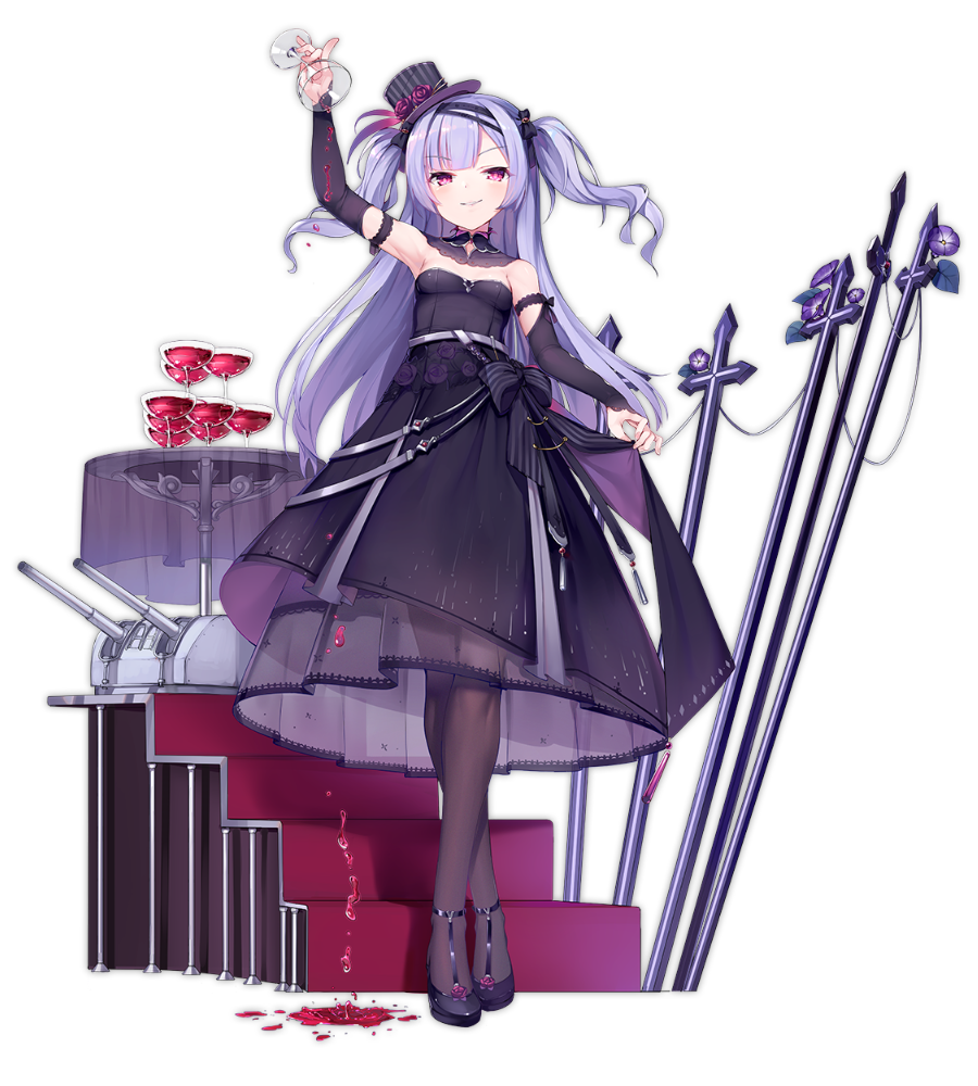 1girl ajax_(azur_lane) alcohol alternate_costume arm_up azur_lane bangs bare_shoulders black_bow black_dress black_footwear black_hat blush bow breasts bridal_gauntlets brown_legwear cannon crossed_legs cup dress dress_lift drinking_glass eyebrows_visible_through_hair floating_hair flower full_body hair_bow hat hat_flower head_tilt high_heels holding holding_cup kaede_(003591163) legs_crossed lifted_by_self long_hair long_sleeves mini_hat mini_top_hat official_art one_eye_closed pantyhose parted_lips pouring purple_flower purple_hair purple_rose rose see-through shoes small_breasts smile smirk stairs standing strapless strapless_dress striped table tilted_headwear top_hat transparent_background tsurime turret two_side_up vertical-striped_hat vertical_stripes very_long_hair violet_eyes watson_cross wine wine_glass