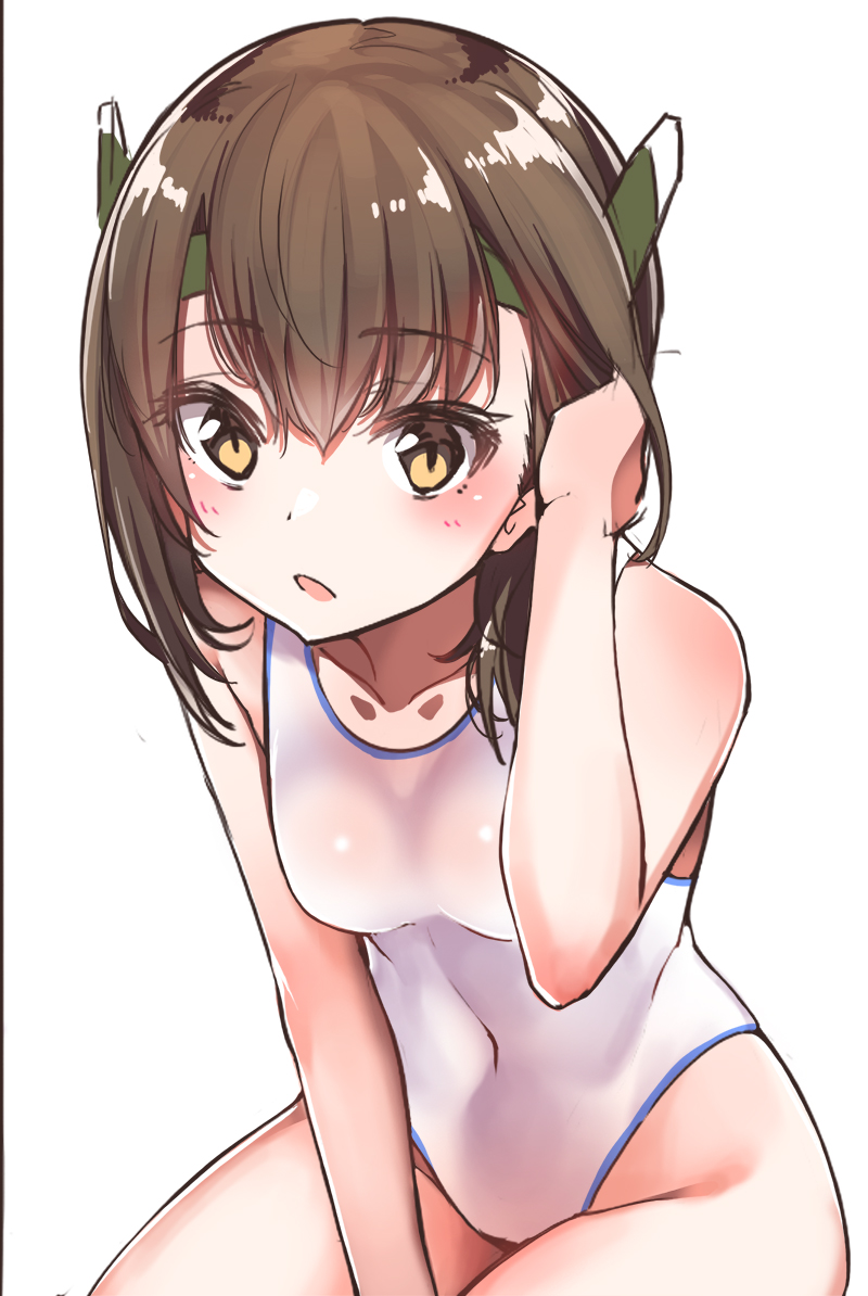 1girl brown_eyes brown_hair collarbone competition_swimsuit covered_navel cowboy_shot flat_chest headgear kantai_collection konnyaku_(kk-monmon) leaning_forward looking_at_viewer one-piece_swimsuit simple_background solo swimsuit taihou_(kantai_collection) white_background white_swimsuit