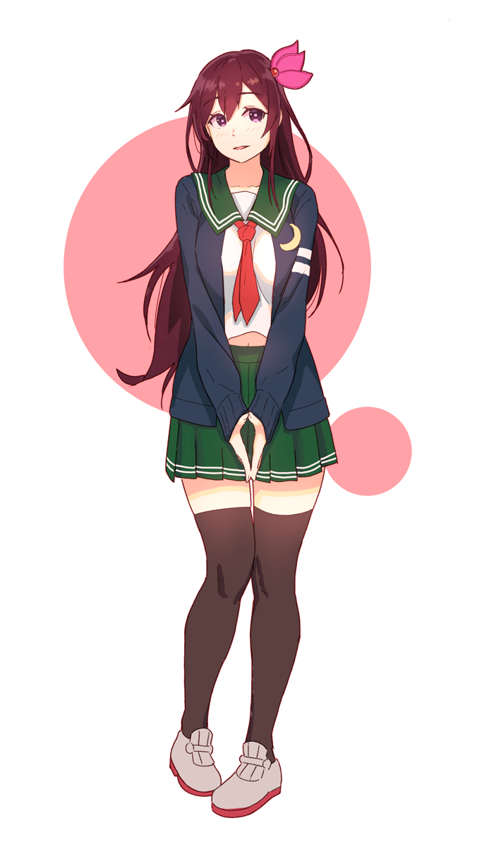 1girl black_legwear brown_eyes brown_hair circle_background crescent crescent_moon_pin full_body green_sailor_collar green_skirt hands_together highres kantai_collection kisaragi_(kantai_collection) long_hair neckerchief pleated_skirt red_neckwear remodel_(kantai_collection) sailor_collar school_uniform serafuku skirt solo standing thigh-highs white_background yuuji_(and)