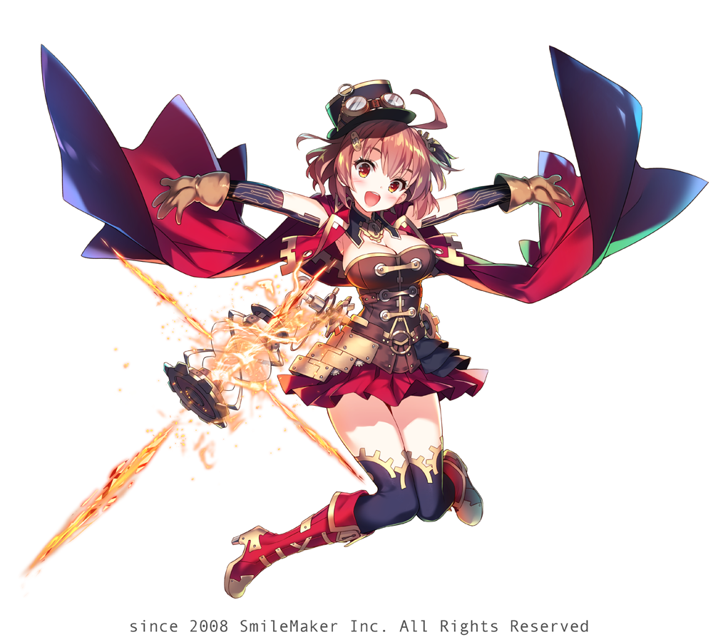 1girl 2018 :d ahoge blue_legwear blush boots breasts brown_gloves brown_hair brown_hat brown_shirt cape cleavage commentary_request copyright_request detached_sleeves fire full_body gloves goggles goggles_on_headwear hat hayakawa_harui head_tilt high_heel_boots high_heels idle_explorer knee_boots lantern large_breasts long_sleeves mini_hat official_art open_mouth outstretched_arms pleated_skirt red_cape red_eyes red_footwear red_skirt shirt simple_background skirt smile solo spread_arms thigh-highs thighhighs_under_boots upper_teeth watermark white_background