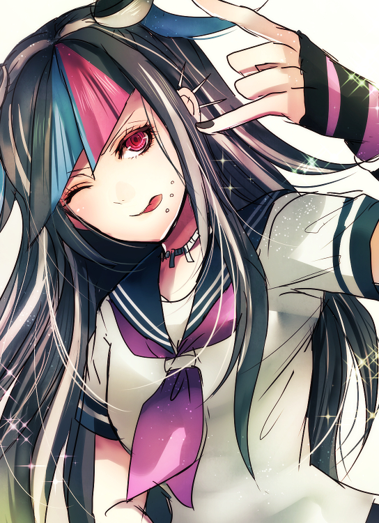 1girl ;p black_hair black_nails dangan_ronpa dutch_angle ear_piercing floating_hair gloves jewelry long_hair mioda_ibuki multicolored_hair nail_polish neckerchief necklace one_eye_closed piercing purple_neckwear red_eyes sailor_collar shirt short_sleeves simple_background solo striped striped_gloves super_dangan_ronpa_2 tongue tongue_out upper_body white_background white_shirt z-epto_(chat-noir86)