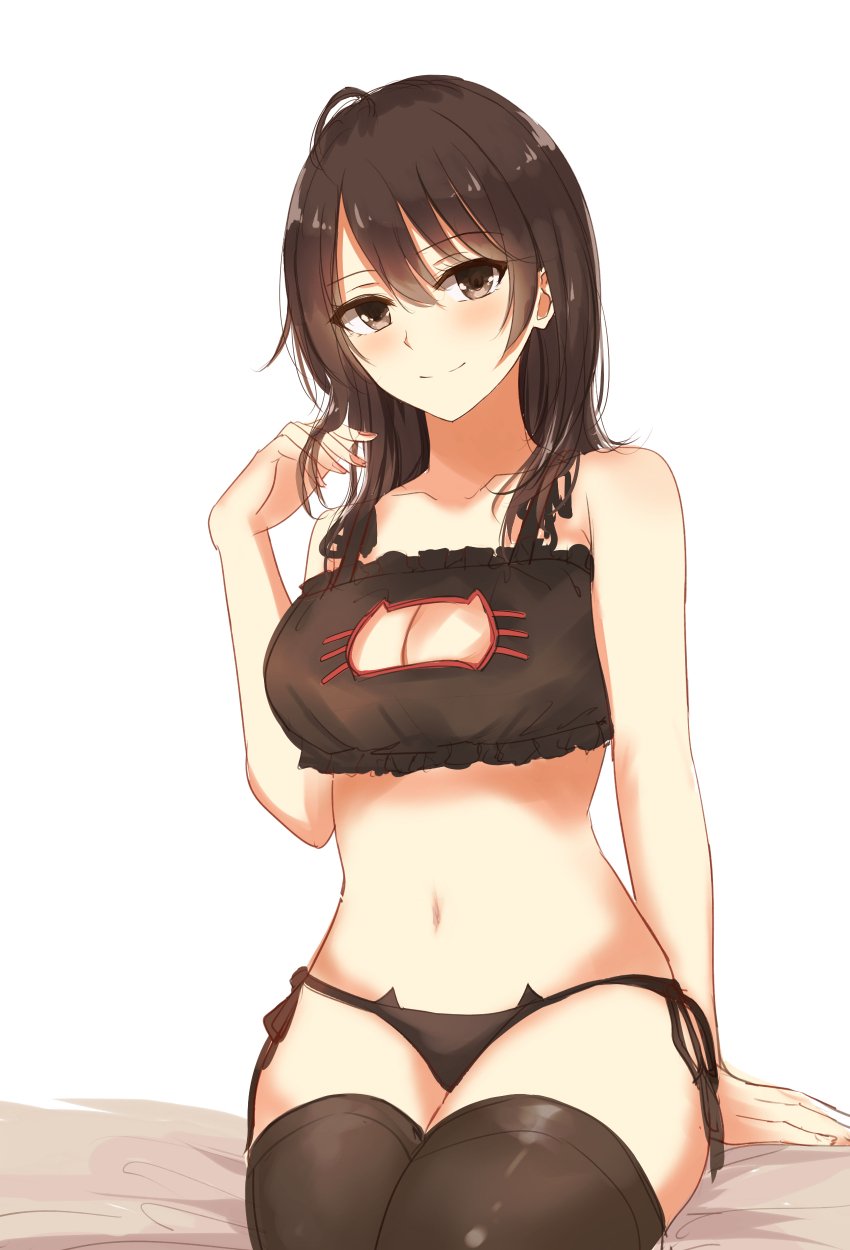 1girl black_bra black_eyes black_hair black_legwear black_panties blush bra breasts cat_cutout cat_ear_panties cat_lingerie cleavage_cutout closed_mouth commentary_request highres large_breasts looking_at_viewer meme_attire midriff navel panties ponpon_(ponpon62126) short_hair side-tie_panties sitting smile solo stomach thigh-highs underwear underwear_only yahari_ore_no_seishun_lovecome_wa_machigatteiru. yukinoshita_haruno