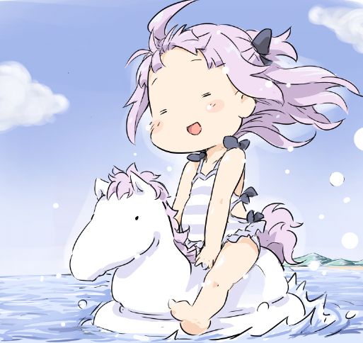 1girl :d =_= ahoge azur_lane bangs bare_arms bare_legs bare_shoulders barefoot black_bow blue_sky blush_stickers bow casual_one-piece_swimsuit chibi closed_eyes clouds collarbone commentary_request day facing_viewer forehead hair_bow ham_(points) horizon long_hair mountain ocean one-piece_swimsuit open_mouth outdoors pink_hair sitting sky smile soles solo striped striped_swimsuit swimsuit unicorn_(azur_lane) water