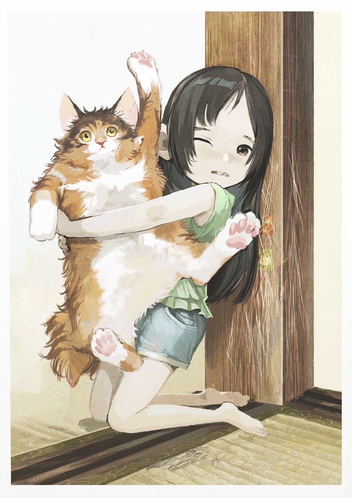 1girl barefoot bayashiko brown_eyes brown_hair cat cat_focus green_shirt highres holding holding_cat kneeling long_hair looking_at_viewer one_eye_closed original shirt short_sleeves shorts solo