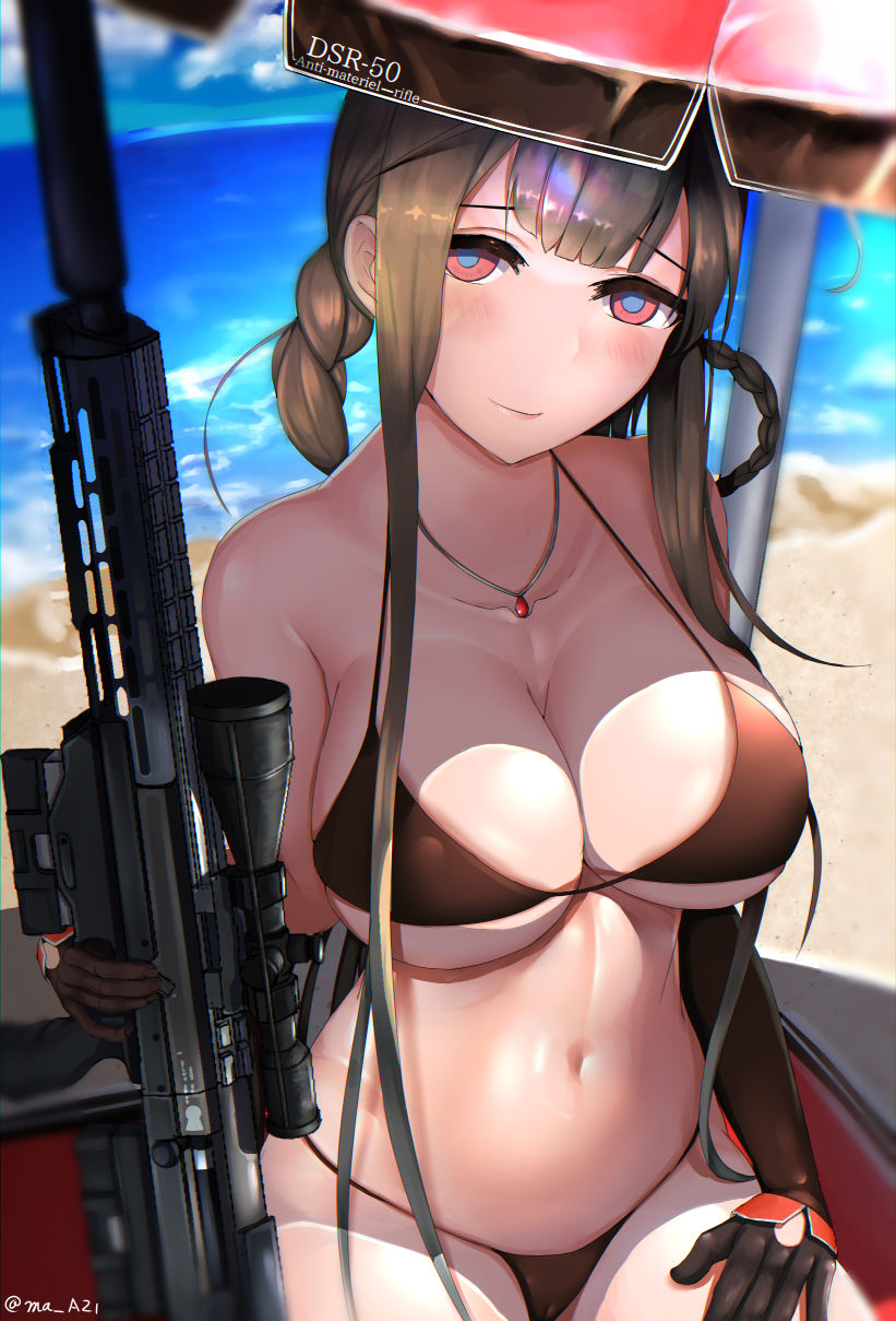 1girl ahoge alternate_costume bangs bare_shoulders beach beach_umbrella bikini blue_sky blunt_bangs blurry blurry_background blush braid breasts brown_bikini brown_hair character_name closed_mouth day dsr-50_(girls_frontline) dsr-50_(weapon) girls_frontline gloves groin gun half_gloves hand_on_own_thigh head_tilt highres holding holding_gun holding_weapon jewelry large_breasts long_hair looking_at_viewer ma_azi navel necklace ocean outdoors red_eyes rifle sand shade shiny shiny_skin sidelocks sitting sky smile solo stomach swimsuit thighs twitter_username umbrella very_long_hair weapon