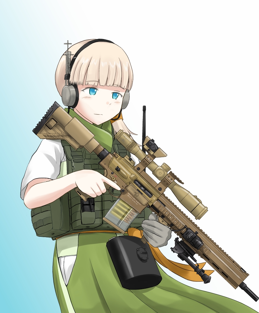 1girl bangs blonde_hair blue_eyes blunt_bangs commentary_request cowboy_shot dougi eyebrows_visible_through_hair german_commentary gloves gradient gradient_background green_hakama grey_gloves gun h&amp;k_g28 hair_ornament hakama hakama_skirt headphones japanese_clothes kantai_collection long_hair maaranto rifle scarf shin'you_(kantai_collection) side_ponytail single_glove solo weapon white_background