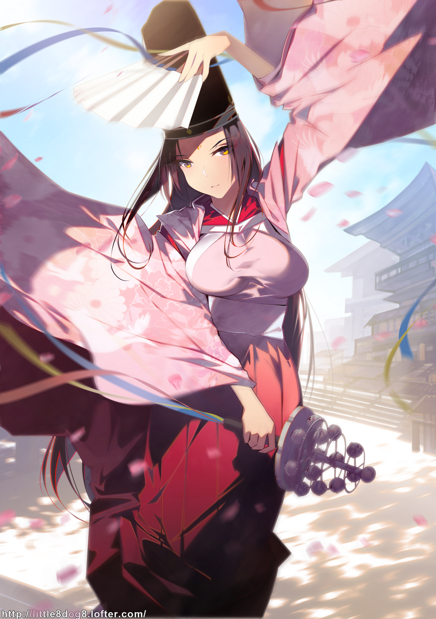 1girl ajahweea architecture arm_up bell breasts brown_hair closed_mouth dancing day east_asian_architecture expressionless facial_mark fan floral_print folding_fan forehead_mark hakama hat head_tilt highres holding holding_fan japanese_clothes jingle_bell kagura_suzu large_breasts long_hair long_sleeves looking_at_viewer motion_blur nontraditional_miko official_art orange_eyes original outdoors petals red_hakama sky solo standing tate_eboshi very_long_hair watermark web_address wide_sleeves