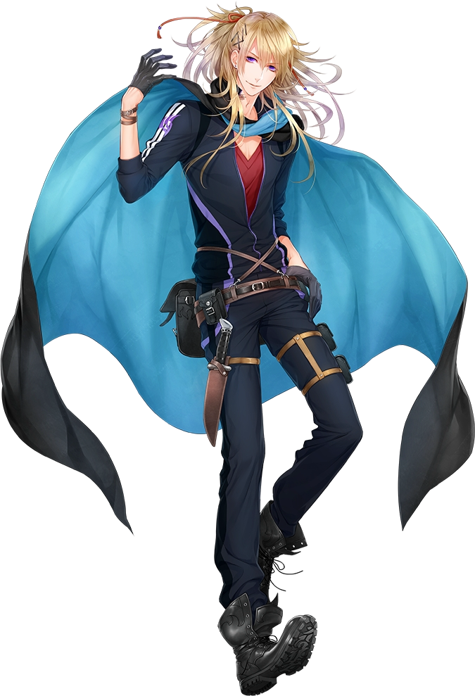 1boy asajima_yoshiyuki belt black_gloves blonde_hair boots cape cross-laced_footwear earrings full_body gloves hair_ornament hairclip jewelry knife kouryuu_kagemitsu lace-up_boots male_focus official_art ponytail smile stud_earrings touken_ranbu track_suit transparent_background violet_eyes