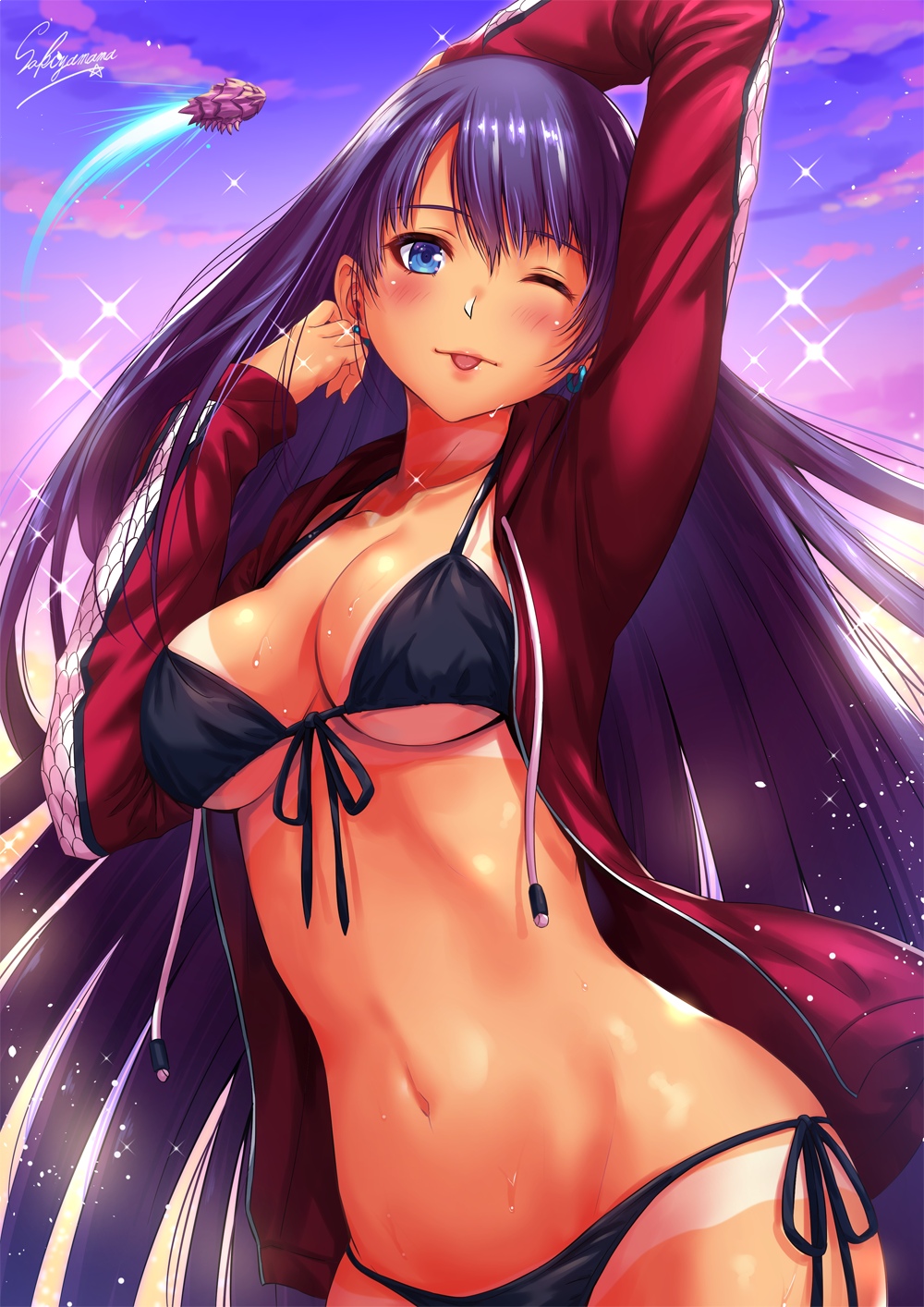 1girl ;p arm_up bangs bikini black_bikini blue_eyes blue_sky blush breasts choker cleavage clouds collarbone commentary_request cowboy_shot cross earrings evening fate/grand_order fate_(series) front-tie_bikini front-tie_top groin hand_in_hair hand_on_own_head head_tilt highres hips jacket jewelry large_breasts light_particles long_hair looking_at_viewer navel one_eye_closed open_clothes open_jacket purple_hair red_jacket saint_martha saint_martha_(swimsuit_ruler)_(fate) sakiyamama side-tie_bikini sidelocks signature sky smile solo sparkle stomach swimsuit tan tanline toned tongue tongue_out waist water waves white_bikini