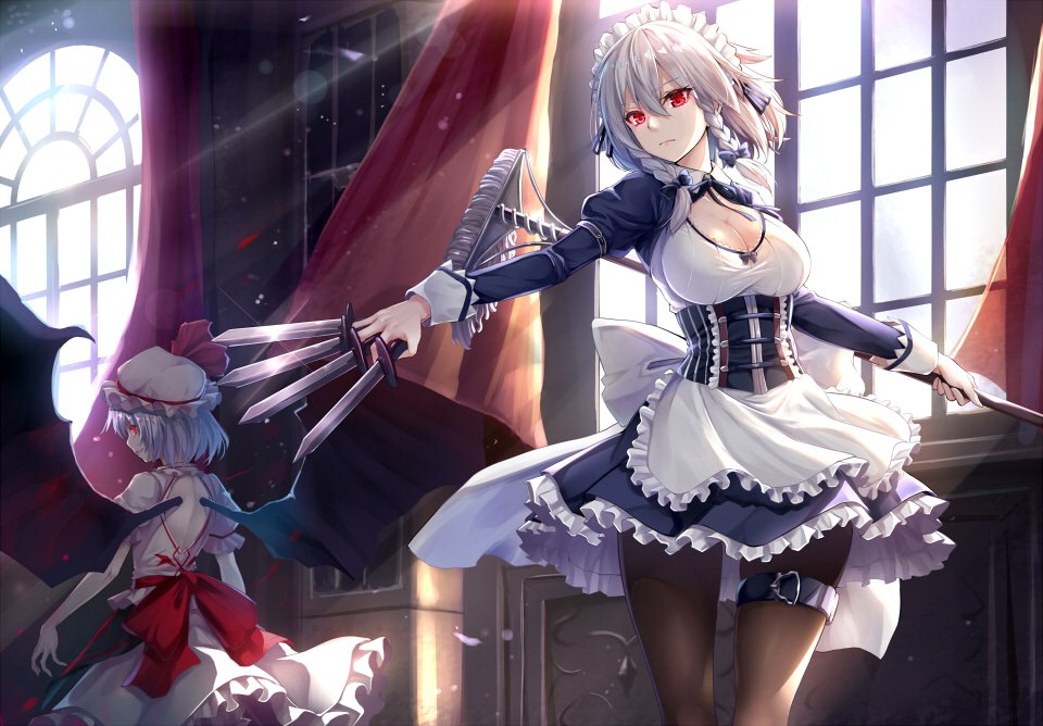 2girls apron back_cutout bat_wings black_legwear blue_bow blue_dress blue_hair blue_ribbon bow braid breasts cleavage commentary_request corset curtains dress feet_out_of_frame frilled_apron frills from_behind hair_bow hair_ribbon hat hat_ribbon head_tilt holding holding_knife holding_weapon indoors izayoi_sakuya juliet_sleeves knife knives_between_fingers large_breasts light_particles light_rays long_sleeves looking_back maid maid_apron maid_headdress mob_cap multiple_girls noe_noel pantyhose petticoat puffy_short_sleeves puffy_sleeves red_eyes red_ribbon red_sash remilia_scarlet ribbon sash short_sleeves silver_hair standing thigh_strap thighs touhou twin_braids waist_apron weapon white_apron white_dress white_hat window wings