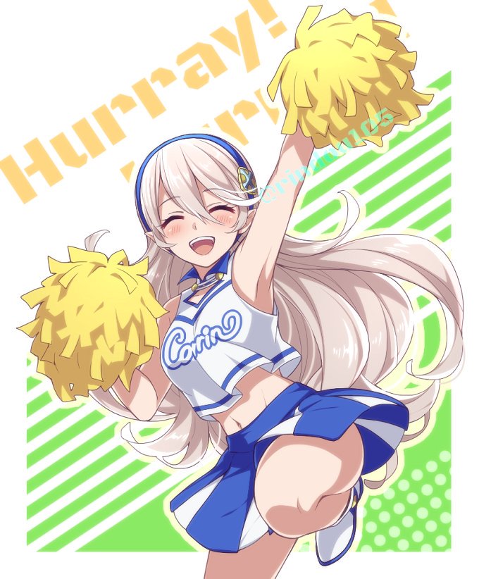 1girl ^_^ ^o^ alternate_costume arm_up armpits artist_name blush breasts character_name cheering cheerleader closed_eyes closed_eyes clothes_writing english female_my_unit_(fire_emblem_if) fire_emblem fire_emblem_heroes fire_emblem_if hairband happy hiyori_(rindou66) leg_up midriff my_unit_(fire_emblem_if) navel nintendo open_mouth pom_poms skirt smile solo text_focus white_hair