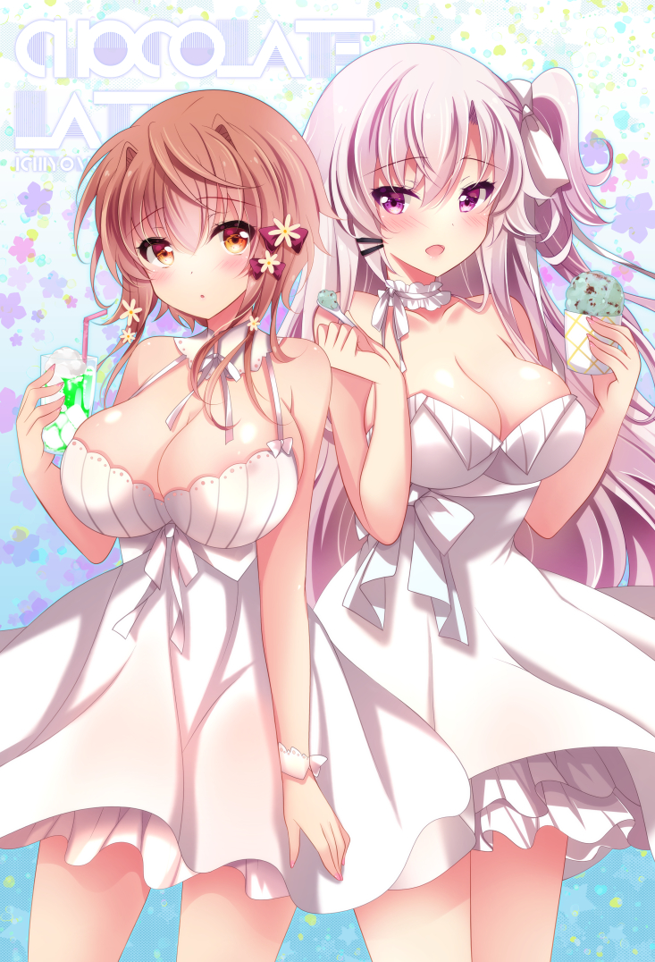 2girls :d :o bangs bare_arms bare_shoulders bendy_straw blush bow breasts brown_eyes brown_hair cleavage commentary_request cowboy_shot cup dress drink drinking_glass drinking_straw eyebrows_visible_through_hair fingernails food hair_between_eyes hair_bow hair_ornament hairclip heart holding holding_cup holding_spoon ice_cream ice_cream_float ichiyou_moka large_breasts long_hair multiple_girls nail_polish one_side_up open_mouth original parted_lips pink_hair pink_nails red_bow sleeveless sleeveless_dress smile spoon standing strapless strapless_dress very_long_hair violet_eyes white_bow white_dress