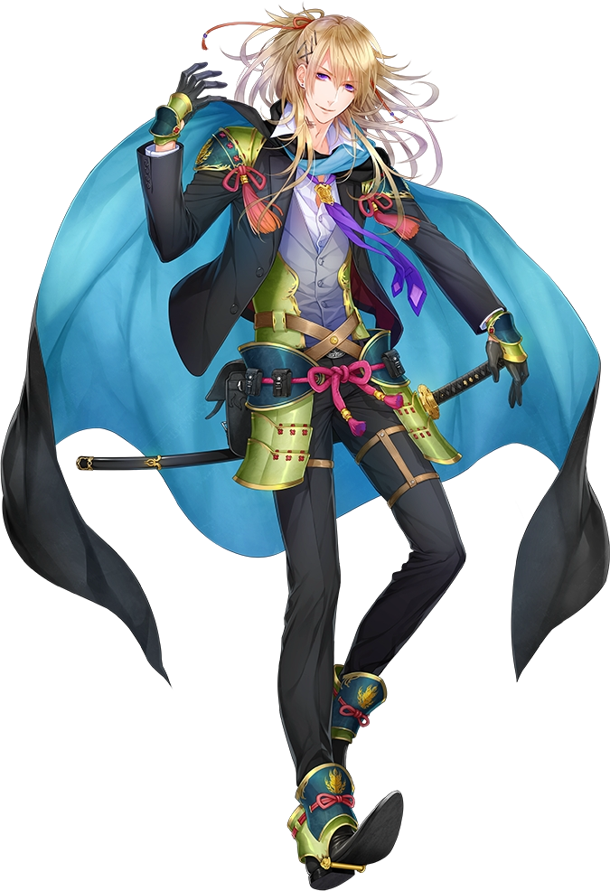 1boy armor asajima_yoshiyuki black_gloves blonde_hair cape earrings full_body gloves hair_ornament hairclip japanese_armor jewelry katana kouryuu_kagemitsu male_focus official_art ponytail sheath sheathed stud_earrings sword touken_ranbu transparent_background violet_eyes waistcoat weapon