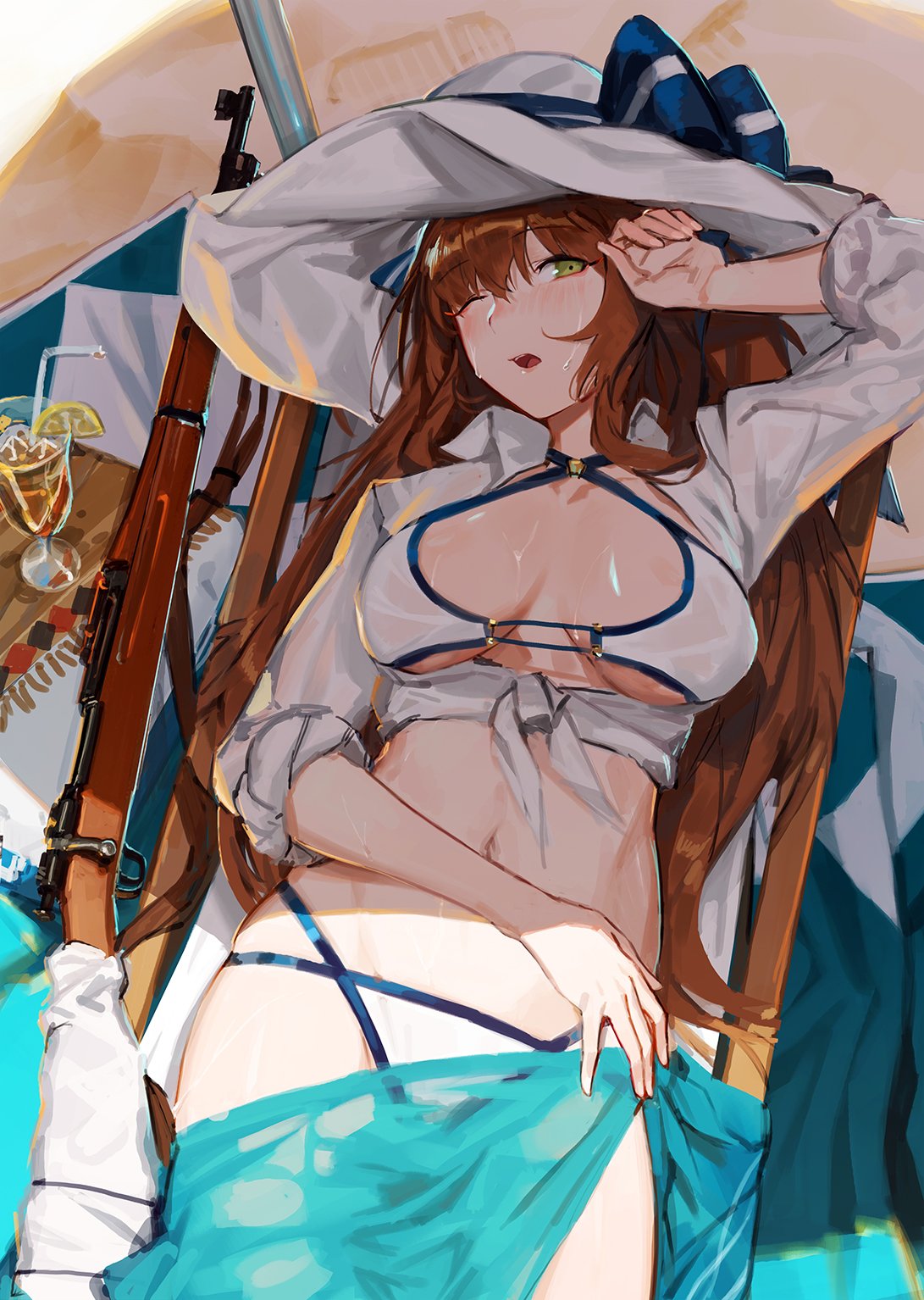 1girl alternate_costume arm_up bangs bare_legs beach_mat beach_umbrella bikini blue_ribbon blush bolt_action breasts brown_hair cleavage collarbone day eyebrows_visible_through_hair flower girls_frontline green_eyes groin gun hair_between_eyes hair_ribbon hair_rings hand_on_headwear hat hat_flower hat_ribbon highres knees_up large_breasts long_hair looking_at_viewer lying m1903_springfield m1903_springfield_(girls_frontline) navel o-ring o-ring_top ocean on_back one_eye_closed open_clothes open_mouth outdoors ribbon rifle sarong see-through shade shiny shiny_skin shirt sidelocks skindentation smile solo stomach sun_hat swimsuit thighs tied_shirt tommy830219 umbrella weapon white_bikini white_shirt