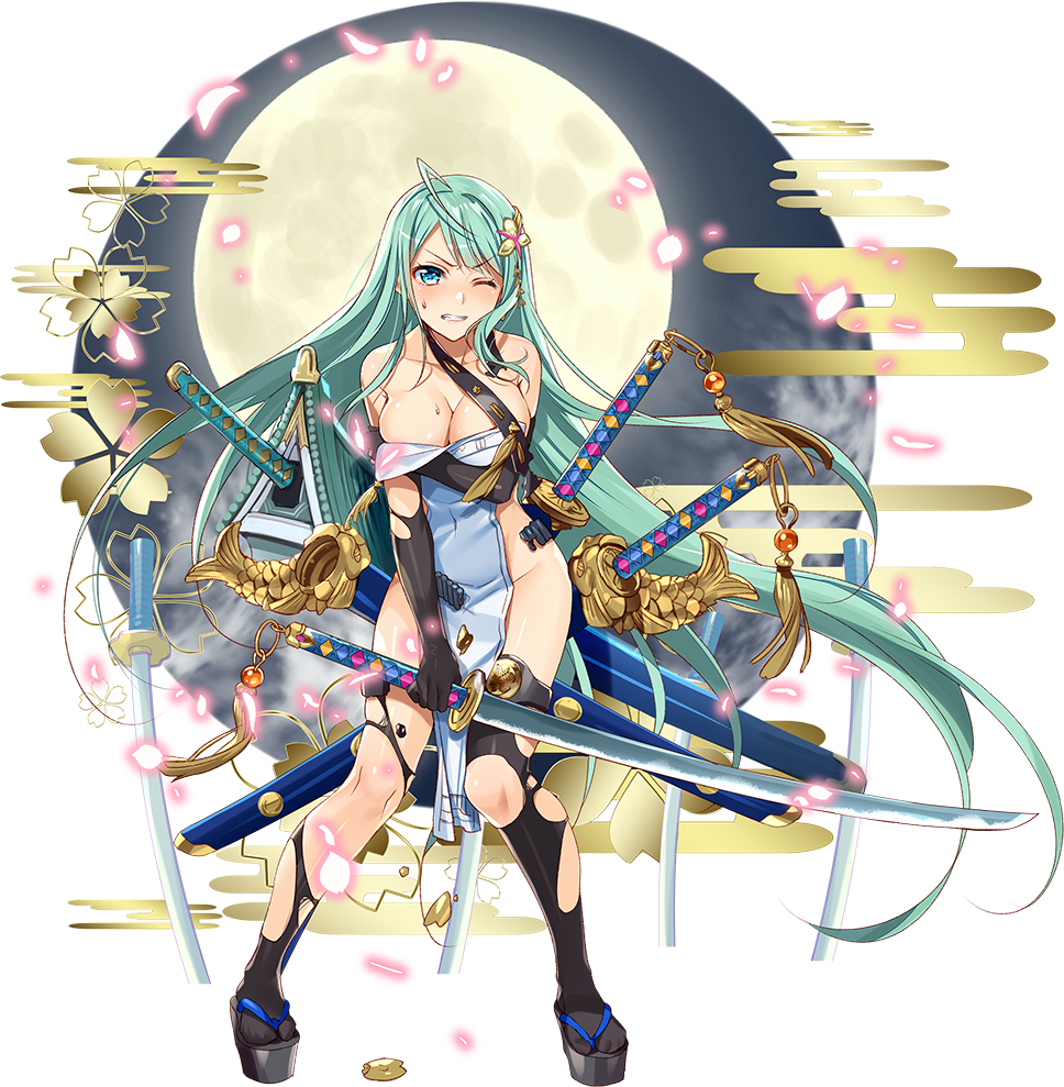1girl absurdly_long_hair ahoge black_gloves black_legwear blue_eyes blush breasts cleavage earrings elbow_gloves eyebrows_visible_through_hair full_body gloves green_hair heart heart_earrings holding holding_sword holding_weapon jewelry large_breasts long_hair looking_at_viewer murakami_yuichi official_art one_eye_closed oshiro_project oshiro_project_re platform_footwear sheath sheathed smile solo sword thigh-highs tokugawa_osaka_(oshiro_project) torn_clothes torn_thighhighs transparent_background very_long_hair weapon