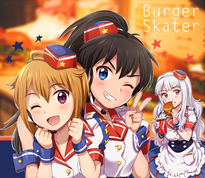 3girls ;d ahoge antenna_hair bangs bendy_straw black_hair blue_eyes blunt_bangs blurry blurry_background blush breasts brown_hair character_request clenched_hands commentary_request cup curly_hair disposable_cup drinking_straw eating employee_uniform eyebrows_visible_through_hair fast_food fast_food_uniform food food_on_face ganaha_hibiki grin hair_between_eyes hairband hamburger hands_up headset high_ponytail hiiringu holding holding_food idolmaster idolmaster_(classic) long_hair looking_at_viewer medium_breasts multiple_girls one_eye_closed open_mouth puffy_short_sleeves puffy_sleeves shijou_takane short_hair short_sleeves silver_hair sleeve_cuffs small_breasts smile star uniform v v-shaped_eyebrows violet_eyes white_hairband wrist_cuffs