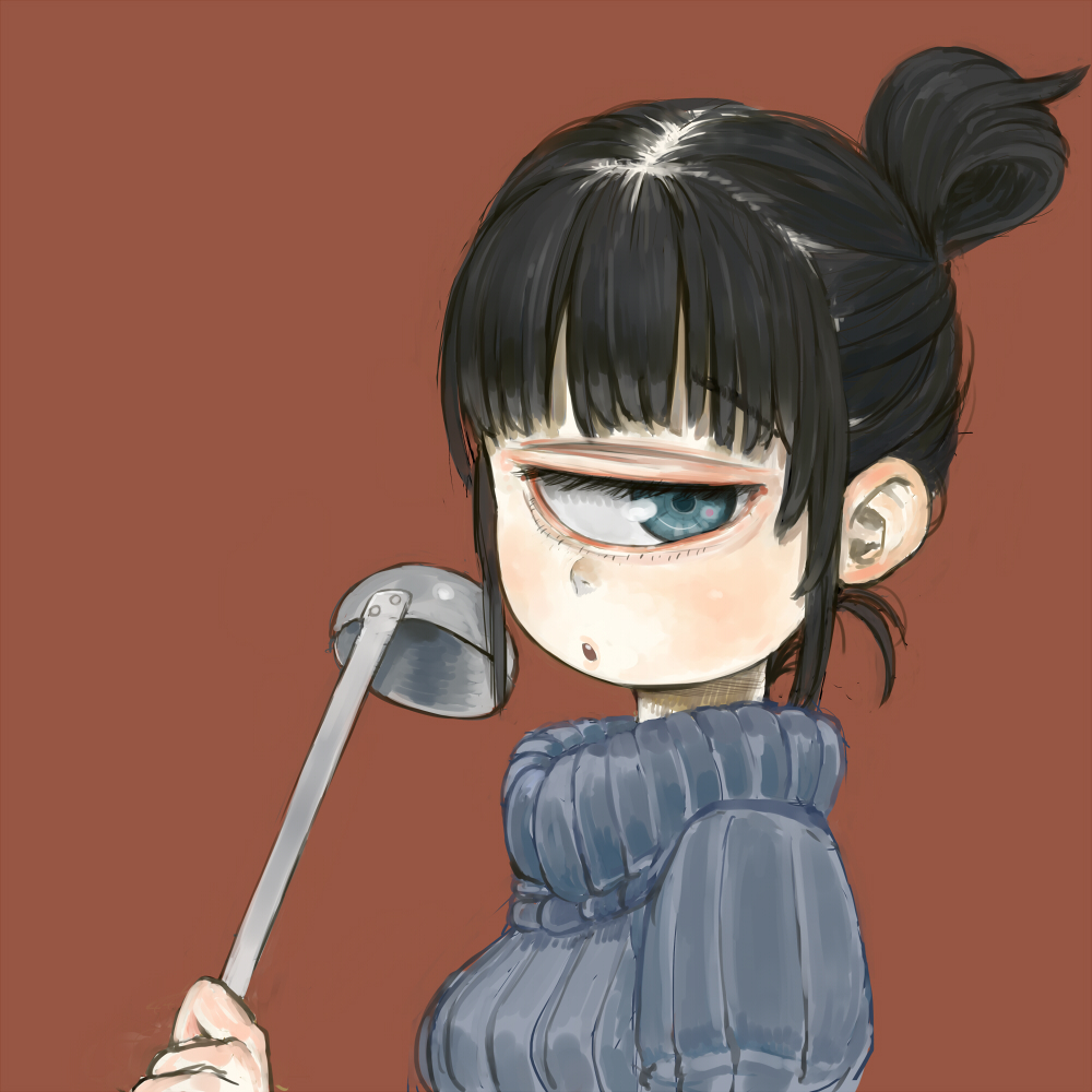 1girl black_hair blue_eyes blue_sweater commentary_request cyclops ebimomo eyebrows_visible_through_hair hair_bun hand_up ladle looking_at_viewer one-eyed original parted_lips red_background ribbed_sweater simple_background solo sweater upper_body