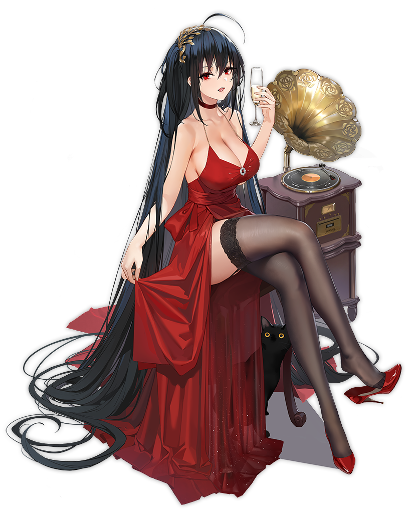 1girl absurdly_long_hair ahoge alcohol azur_lane black_cat black_hair black_legwear breasts cat champagne choker cleavage dress full_body garter_straps hairband high_heels large_breasts legs_crossed long_dress long_hair looking_at_viewer mr_cloud official_art open_mouth phonograph red_dress red_eyes shoe_dangle sidelocks solo taihou_(azur_lane) thigh-highs transparent_background very_long_hair