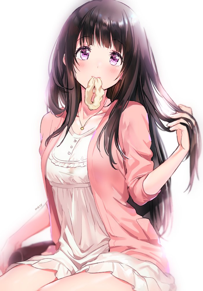 1girl bangs black_hair cardigan chitanda_eru dress hair_tie_in_mouth hyouka long_hair mery_(apfl0515) mouth_hold sitting violet_eyes white_dress