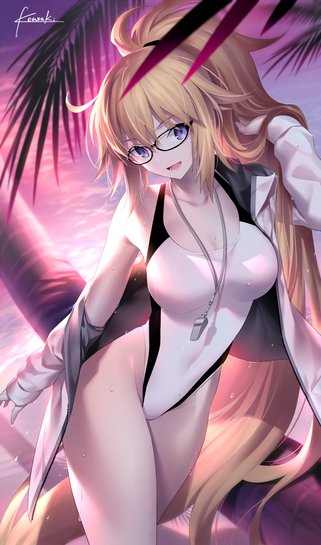 1girl bangs bare_shoulders blonde_hair blue_eyes breasts cleavage collarbone covered_navel fate/grand_order fate_(series) glasses hair_between_eyes hand_in_hair hips jacket jeanne_d'arc_(fate)_(all) jeanne_d'arc_(swimsuit_archer) kousaki_rui large_breasts long_hair ocean off_shoulder one-piece_swimsuit open_clothes open_jacket open_mouth palm_tree smile solo sunset swimsuit thighs tree very_long_hair waist wet whistle whistle_around_neck