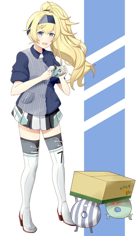 1girl alternate_hairstyle blonde_hair blush boots box breasts enemy_lifebuoy_(kantai_collection) eyebrows_visible_through_hair full_body gambier_bay_(kantai_collection) gudon_(iukhzl) hair_between_eyes headband kantai_collection lawson medium_breasts miniskirt open_mouth ponytail scanner shoes skirt smile thigh-highs thigh_boots uniform white_footwear