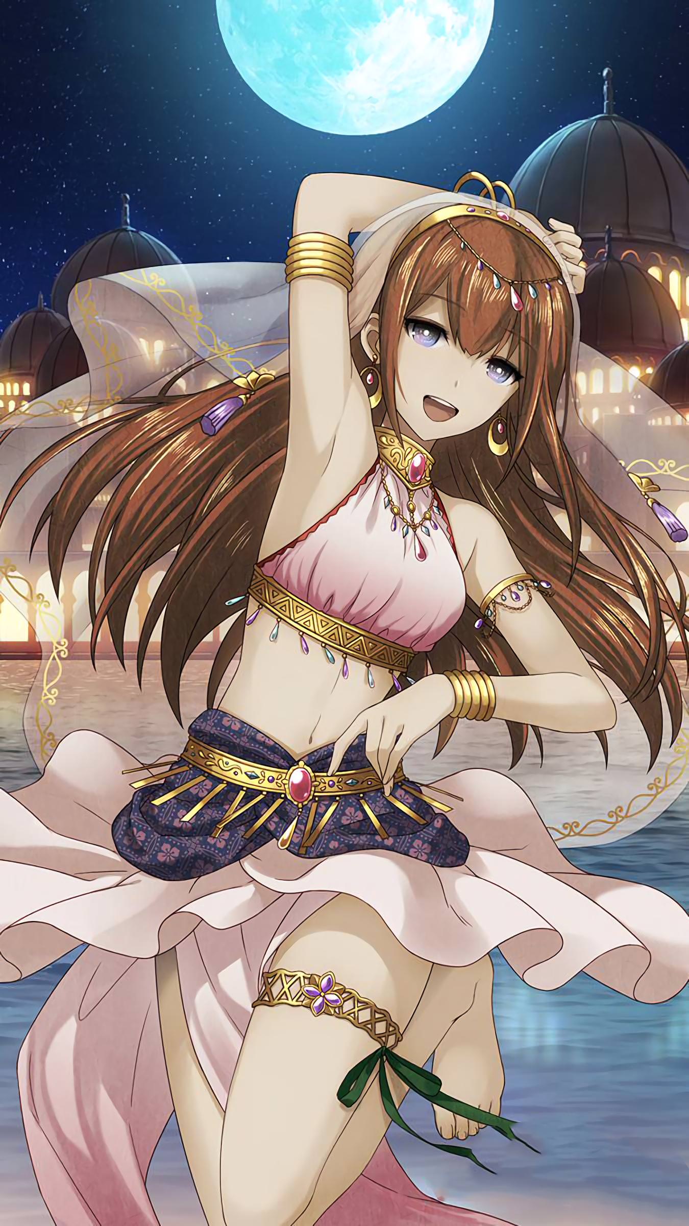 1girl absurdres alternate_costume arm_up armlet armpits bare_shoulders barefoot blue_eyes bracelet brown_hair cowboy_shot dancer earrings full_moon halterneck highres hoop_earrings huke jewelry long_hair looking_at_viewer makise_kurisu midriff moon navel night night_sky official_art open_mouth pelvic_curtain sky sleeveless smile solo steins;gate straight_hair thighlet veil water