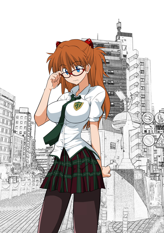 1girl bespectacled between_breasts blue_eyes breasts brown_hair cosplay cowboy_shot crest evangelion:_2.0_you_can_(not)_advance glasses hair_pulled_back hairpods hetano_yokozuki impossible_clothes impossible_shirt large_breasts long_hair makinami_mari_illustrious makinami_mari_illustrious_(cosplay) necktie necktie_between_breasts neon_genesis_evangelion pantyhose plaid plaid_skirt pleated_skirt rebuild_of_evangelion red-framed_eyewear school_uniform shirt skirt solo souryuu_asuka_langley standing