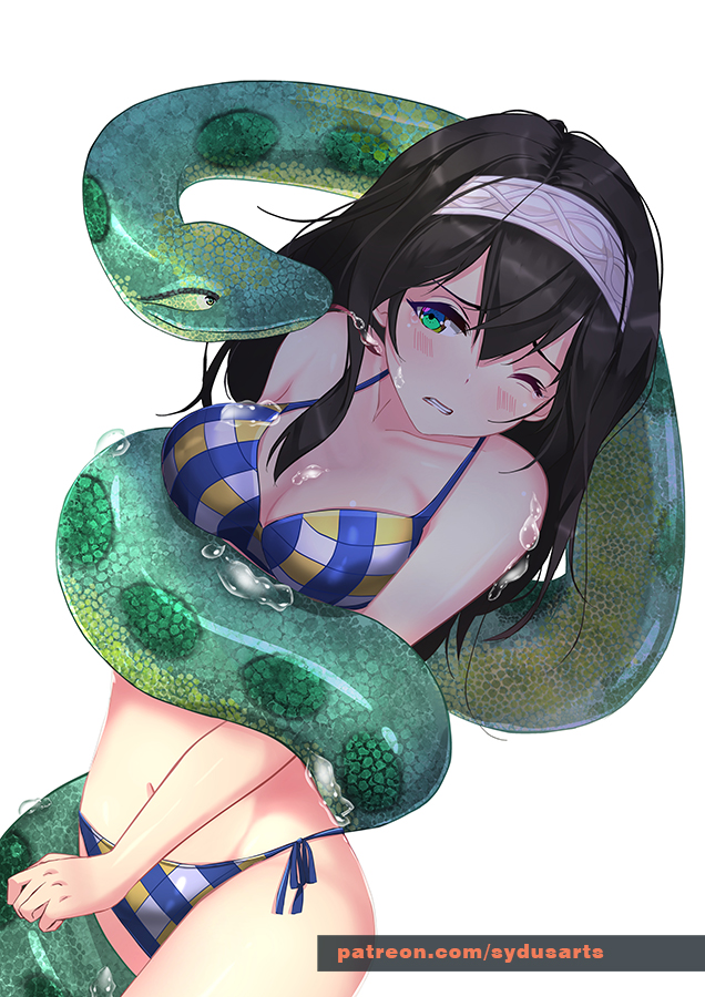 1girl anaconda artist_name bare_shoulders bikini black_hair blue_eyes blush breasts cleavage clenched_teeth collarbone constriction forked_tongue hairband idolmaster idolmaster_cinderella_girls long_hair navel one_eye_closed reptile restrained sagisawa_fumika saliva scales scared shiny shiny_skin side-tie_bikini snake solo swimsuit sydus tears teeth tongue water_drop