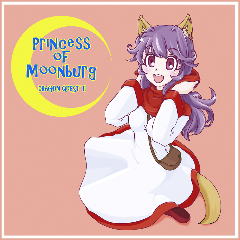 1girl animal_ears bag breasts commentary_request curly_hair dog_ears dragon_quest dragon_quest_ii dress hood long_hair looking_at_viewer open_mouth princess princess_of_moonbrook purple_hair robe smile solo white_dress white_robe