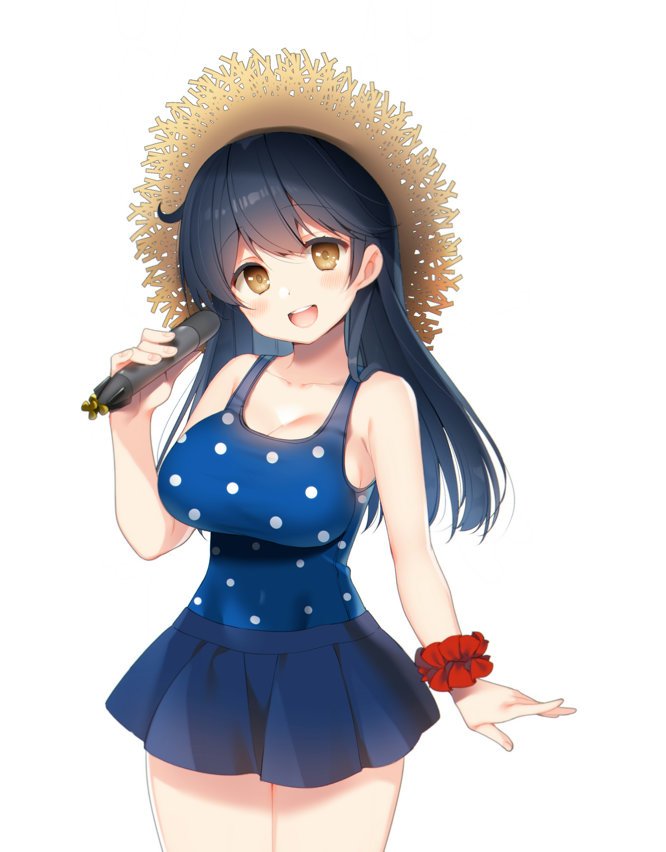 1girl ahoge black_hair blue_skirt blue_swimsuit brown_eyes casual_one-piece_swimsuit commentary_request cowboy_shot hat hatori_piyoko kantai_collection long_hair looking_at_viewer one-piece_swimsuit open_mouth pleated_skirt polka_dot polka_dot_swimsuit red_scrunchie scrunchie simple_background skirt smile solo straw_hat sun_hat swimsuit torpedo ushio_(kantai_collection) white_background