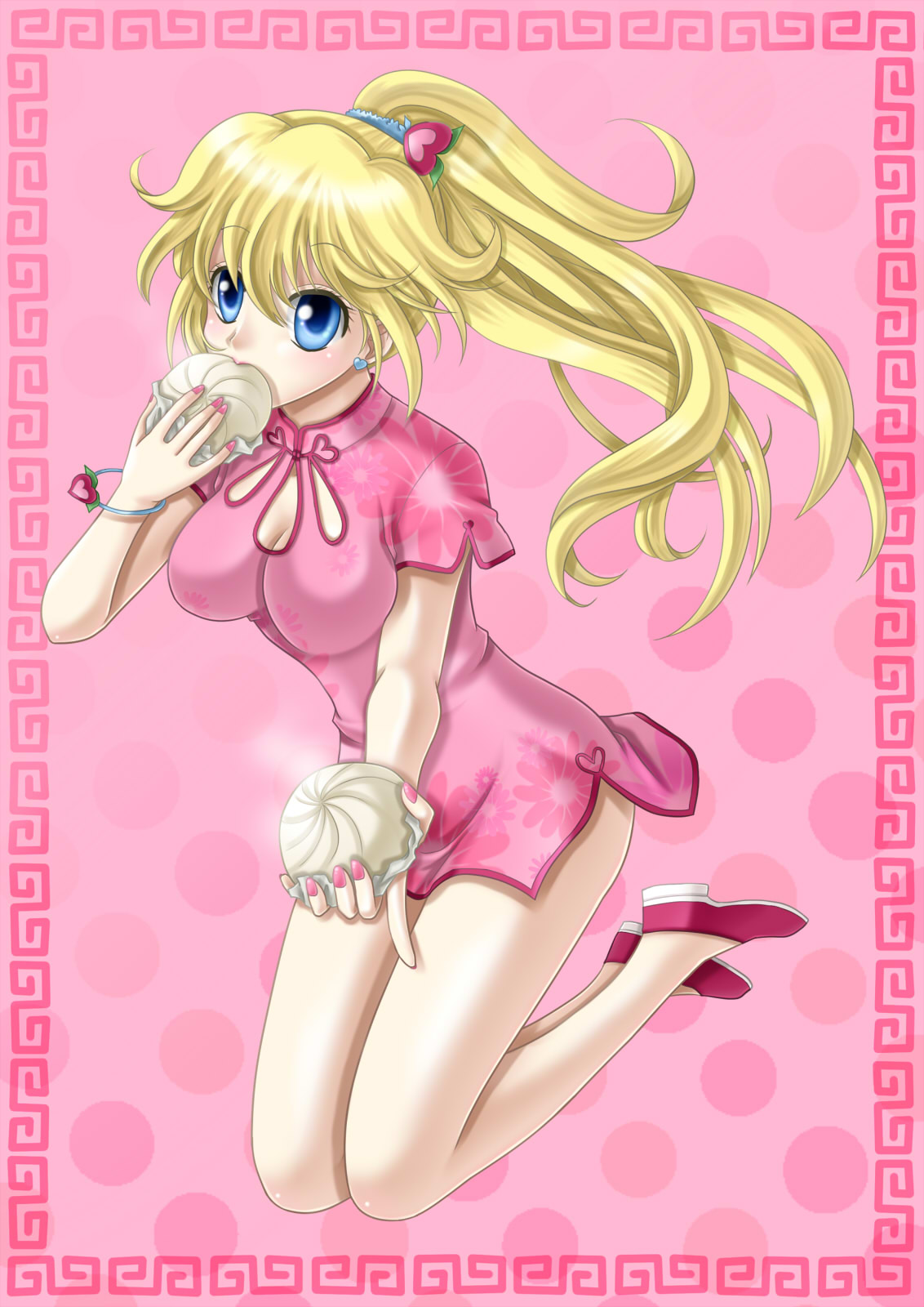 1girl blonde_hair blue_eyes bracelet breasts cleavage cleavage_cutout dress eating eyebrows_visible_through_hair floating_hair floral_print food full_body hair_between_eyes hair_ornament highres holding holding_food jewelry kneeling long_hair super_mario_bros. medium_breasts nail_polish nintendo pink_dress pink_nails ponytail princess_peach print_dress red_footwear shiny shiny_hair short_dress short_sleeves solo very_long_hair yuino_(fancy_party)