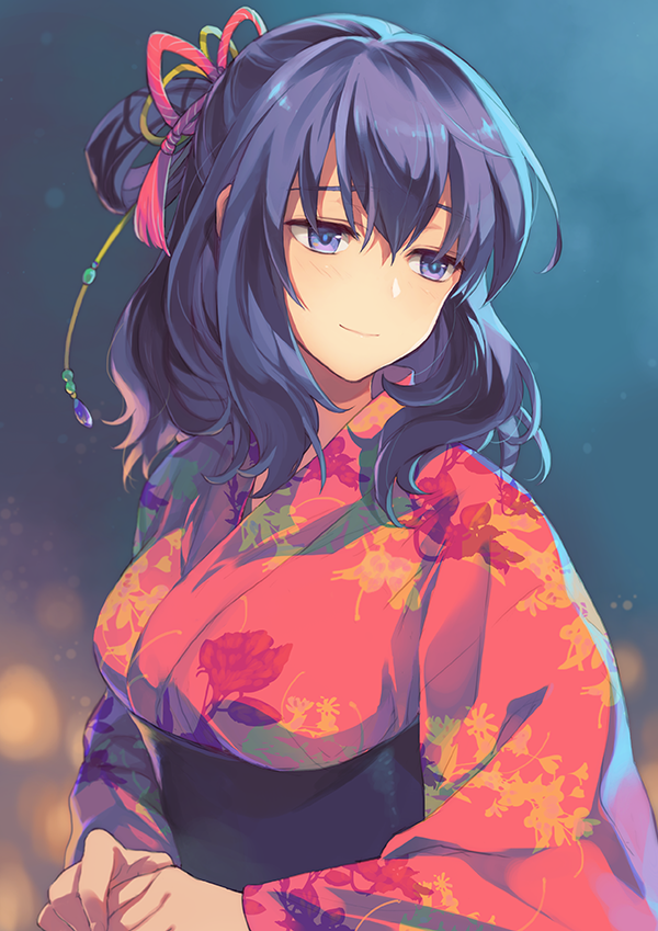 1girl ao_no_kiseki blue_eyes blue_hair breasts eiyuu_densetsu floral_print hair_ribbon hair_rings isa_(peien516) japanese_clothes kimono medium_breasts obi ribbon rixia_mao sash short_hair smile solo upper_body zero_no_kiseki