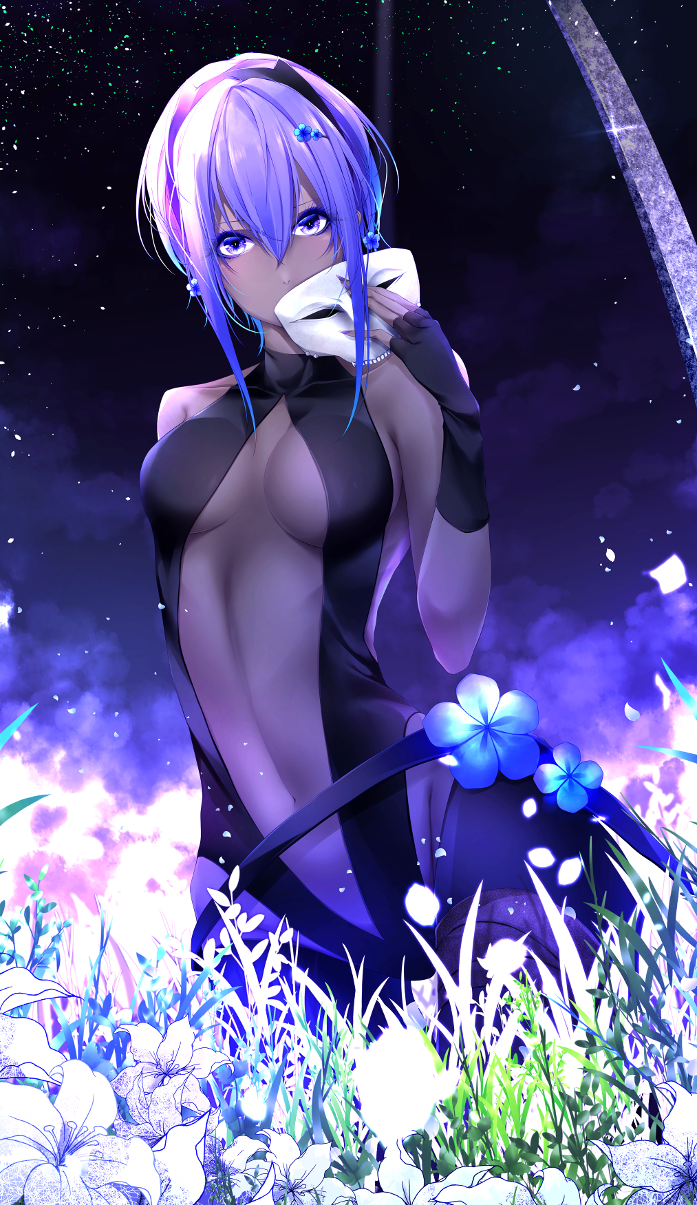 1girl black_gloves black_hairband black_legwear black_leotard blue_flower breasts cleavage dark_skin dutch_angle fate/prototype fate/prototype:_fragments_of_blue_and_silver fate_(series) field fingerless_gloves flower flower_field gloves hair_between_eyes hairband hassan_of_serenity_(fate) highres holding holding_mask leotard lowleg_pantyhose mask mask_removed medium_breasts navel night outdoors purple_hair short_hair_with_long_locks sidelocks sky solo sparkle standing star_(sky) starry_sky violet_eyes yoaferia